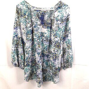 Liz Claiborne Peasant Blouse Sz XL Elastic 3/4 Sleeve Pullover Boho Tassel